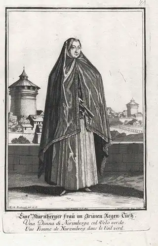 Eine Nürnberger Frau im grünen Regen-Tuch. - Nürnberg Frau Regentuch Ansicht Stadtansicht Trachten costumes co