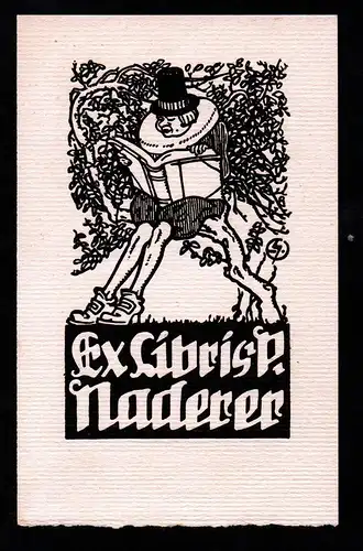 Exlibris für P. Naderer / Jugendstil lesender Mann Hut signiert