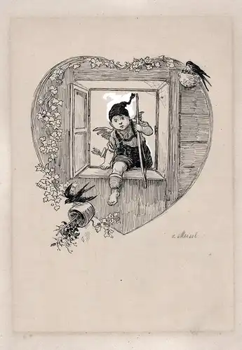 (Ein Kind mit Pfeil und Bogen steight durch ein Fenster) - Kind Pfeil und Bogen Herz München Zeichnung drawing