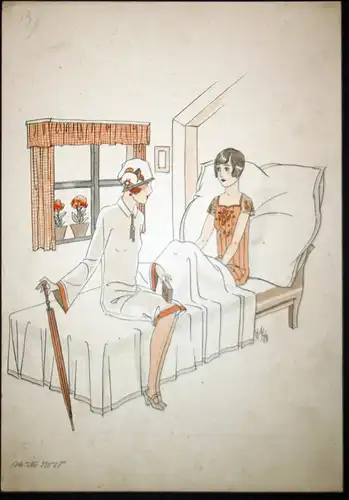 (Zwei junge Damen auf einem Bett) - Art Deco Erotik erotic fashion Mode Zeichnung drawing dessin