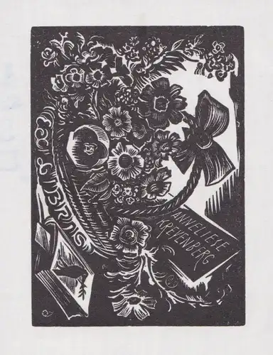 Exlibris für Anneliese Krevenberg / Blumenkorb flower basket Buch book crow