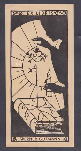 Exlibris für Werner Gutmann / Buch book Sonne sun candle Kerze Baum tree