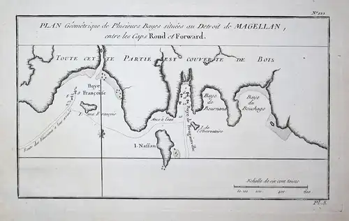 Plan Geometrique de Plusieurs Bayes situees au Detroit de Magellan, entre les Caps Rond et Forward. - Strait o