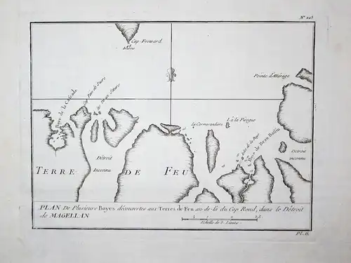 Plan de Plusieurs Bayes decouvertes aux Terres du Feu au-de-la du Cap Rond, dans le Detroit de Magellan. - Tie