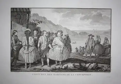 Costumes des habitans de la Conception - Chile South America Concepcion costumes Atlas du Voyage de la Perouse