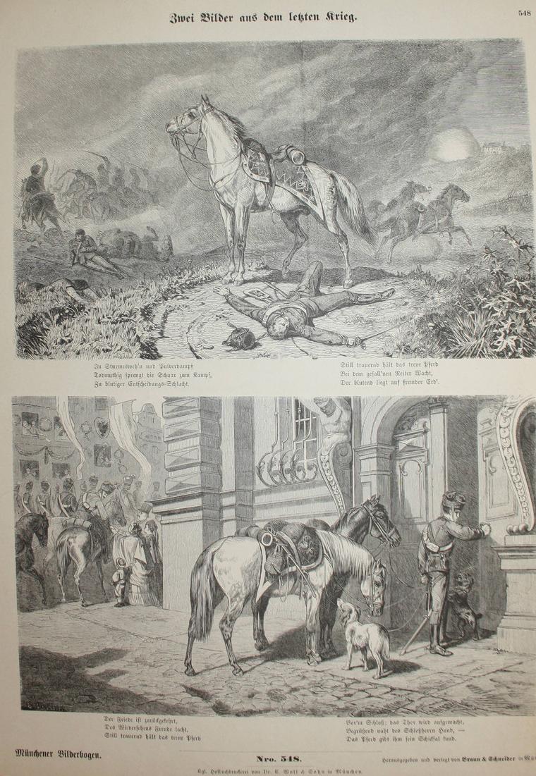 Zwei Bilder aus dem letzten Krieg. Pferd Pferde im Krieg Militaria