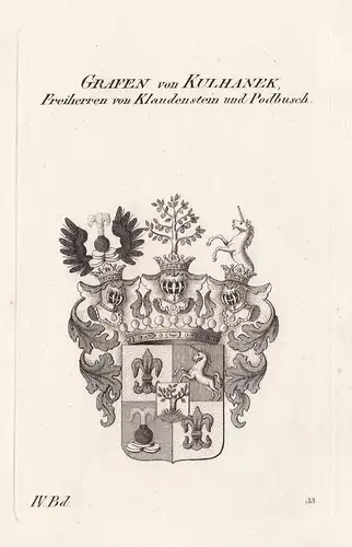 Grafen von Kulhanek, Freiherren von Klaudenstein und Podbusch. - Wappen Adel coat of arms Heraldik heraldry