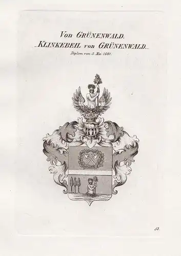 Von Grünenwald. Klinkebeil von Grünenwald. - Klinkebeil Grünenwald Wappen coat of arms Heraldik heraldry