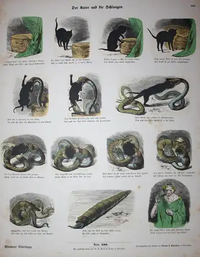 Der Kater und die Schlangen. - Katze Katzen Schlange Schlangen cat snake Münchener Bilderbogen Nr. 530