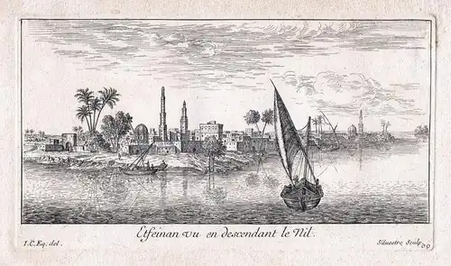 Etfeinan vu en descendant le Nil. - Egypt Ägypten Nile Nil Edfu Kupferstich etching