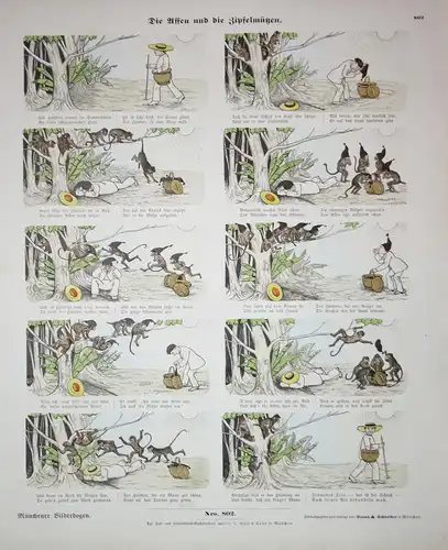 Die Affen und die Zipfelmützen. - Affen Affe Zipfelmütze ape apes Mütze comic Münchener Bilderbogen Nr. 802