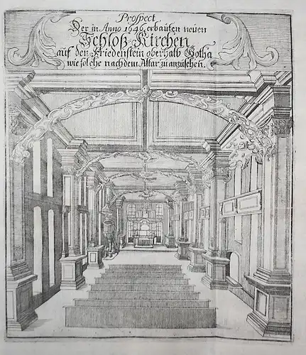 Prospect der in Anno 1646 erbauten neuen Schloß-Kirchen auf den Friedenstein oberhalb Gotha. // Schloss Friede