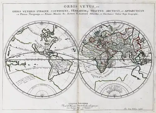 Orbis Vetus, et Orbis Veteris Utraque continens, Terrarum q Tractus Arcticus, et Antarcticus ex Platone, Theop
