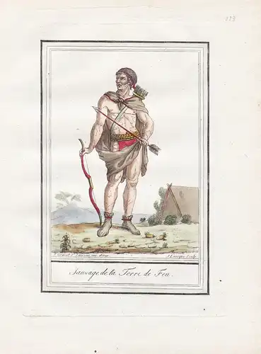 Sauvage de la Terre de Feu - Feuerland Tierra del Fuego America Tracht Trachten costume Kupferstich engraving