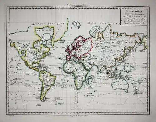Mappemonde suivant la projection des cartes reduites ou l'on a trace les Routes... - World map Weltkarte Mappe