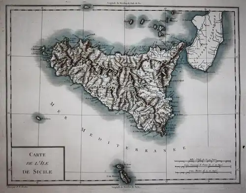 Carte de l'Ile de Sicile. - Sizilia Sicily Sizilien island Italia Italy Italien carta incisione map Karte