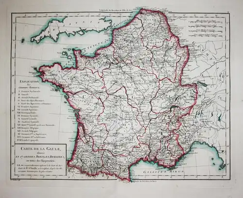 Carte de la Gaule divisée en 17 grandes provinces romaines... - Gaule Gallien France Frankreich carte map Kart