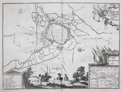 Grund-Riß u. Belagerung der Festung Mons in Hennegau - Mons Region Wallonne Belgique carte gravure Karte map