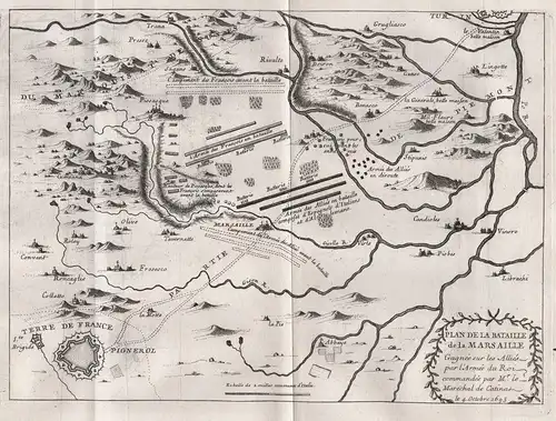 Plan de la bataille de la Marsaille - Marsaglia Cuneo Piemonte battaglia di 1693 Pinerolo incisione stampa Ita