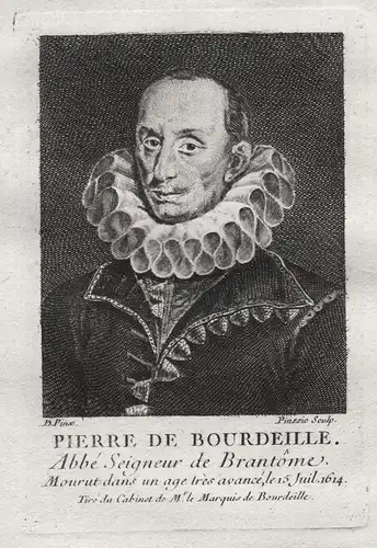 Pierre de Bourdeille - Pierre de Bourdeille (1540-1614) seigneur de Brantome writer ecrivain gravure Portrait