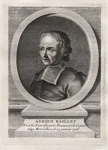 Adrien Baillet - Adrien Baillet (1649-1706) scholar critic biographer of Rene Descartes theologien gravure his