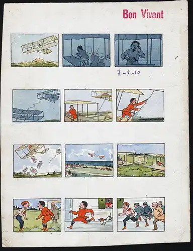 (A man flies an airplane and drops some of its cargo. He is later chased by a dog.) - Comic book illustration