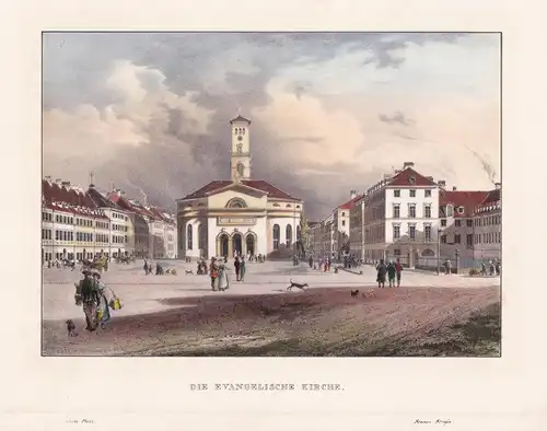 Die Evangelische Kirche - München Sonnenstraße Lebschee Bayern Ansicht Lithographie Litho