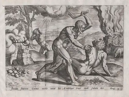 Invidia fratrem Cainus morte necat hic: A mittitque truci caede salutis iter - Cain killing Abel  / Bible Bibe