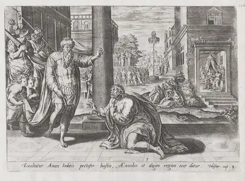 Exaltatur Aman Iudaeis pestifer hostis, Annulus... - Ahasuerus gives his ring to Haman Xerxes Bible Bibel