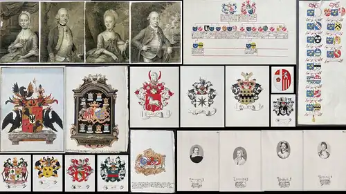 Very rare collection of hand drawn coat of arms and portraits pertaining to the de la Court family.