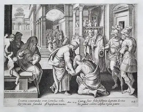 Cesarea venerandus erat Cornelius urbe... - The gentile centurion, Cornelius kneeling before St. Peter / Bible