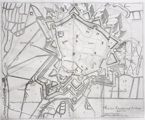 Plan der Attaque auff Bethune Anno 1710 - Bethune Pas-de-Calais bataille plan carte gravure