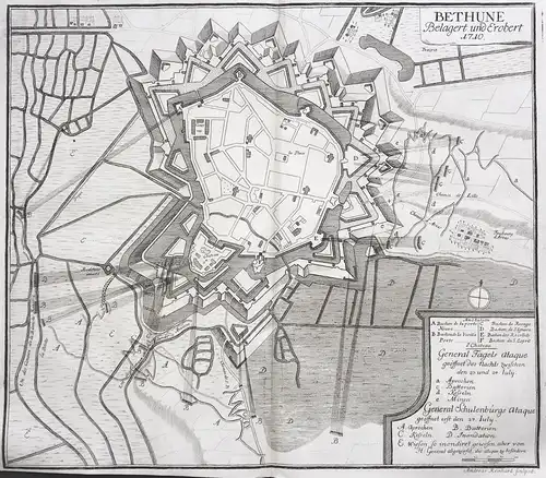 Bethune Belagert und Erobert 1710 - Bethune Pas-de-Calais bataille plan carte gravure