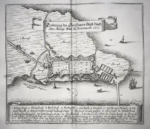 Erobrung der Christians-Statt durch Ihro Königl. May. zu Dennemarckt 1676 - Kristianstad Sverige Plan map Kart