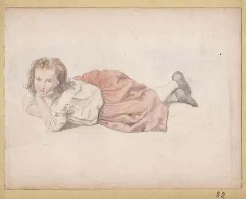 Very nice pencil drawing with watercolor of a young girl lying - fille Mädchen dessin