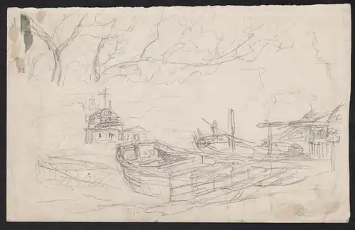 (Leaf from a sketchbook) - boats in harbour architecture sketch dessin
