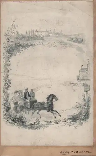 (Horse-drawn carriage and a castle) - Pferdekutsche Kutsche caleche carriage dessin Aquarelle