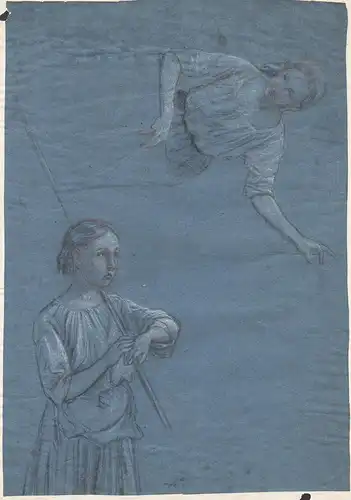 (Two beautiful sketches of young women on one leaf) - young girl woman Mädchen Frau farmer paysanne dessin