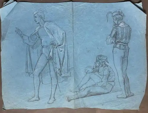 Three beautiful sketches of Middle Age heralds. Verso with a large sketch of a nude young woman - Herald Herol