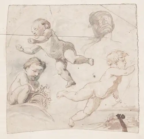 (Four sketches of little children and a woman's head on one leaf) - Amours Amor putti children Kinder dessin