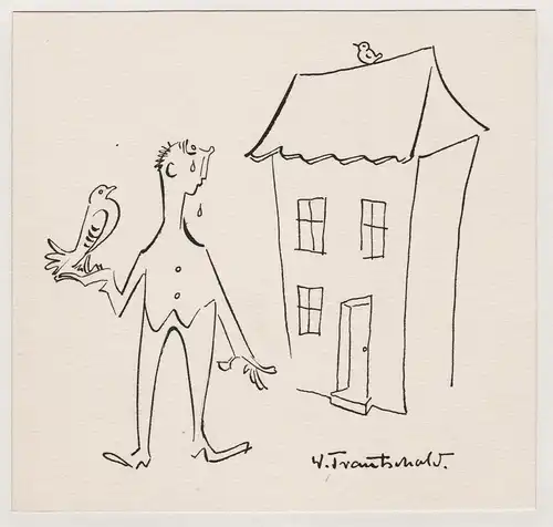 (Mann mit Taube auf Hand) - Taube Vogel Spatz Sprichwort Dach Karikatur caricature