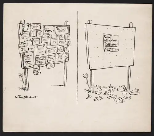 Billig abzugeben: Reißnägel - Anschlagzettel Werbetafel Reißnägel pfiffig clever Karikatur caricature