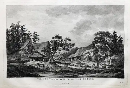  Vue d'un village pres de la ville Berne - Schweizer Dorf bei Bern Schweiz Bauernhäuser gravure Kupferstich Zu