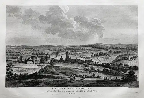  Vue de la ville de Fribourg - Freiburg im Üechtland Gesamtansicht gravure Kupferstich Zurlauben / Schweiz Sui