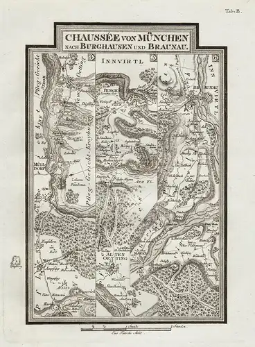 Chaussee von München nach Burghausen und Braunau - Burghausen Braunau Altötting Marktl map Karte