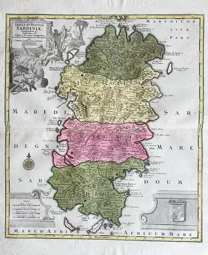 Insula et Regnum Sardiniae, Longitudine 45. Latitudine 26. Milliaria German. complectens. novissima delineatio