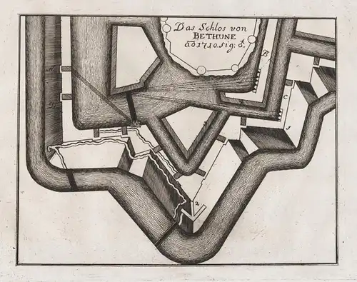 Das Schlos von Bethune anno 1710 - Bethune Pas-de-Calais bataille France gravure carte plan map