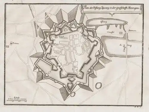 Plan der Vestung Quesnoy in der Graffschafft Henngau - Le Quesnoy Hauts-de-France chateau Karte map carte grav