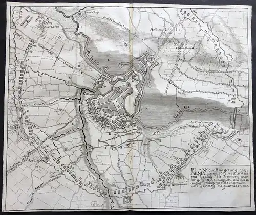 Plan der Belagerung von Menin Anno 1706 - Menen Meenen Menin Belgique Belgien bataille gravure carte Karte map