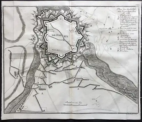 Plan der Stadt Ath mit denen Approchen anno 1706 - Ath Belgique gravure bataille Karte map Plan